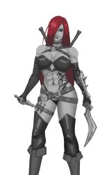 1girls abs citizen124c4i female female_focus female_only hair_over_one_eye katarina_du_couteau large_breasts league_of_legends red_hair riot_games scar simple_background solo solo_female solo_focus tattoo thong white_background