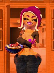 1girls 3d areolae_visible_through_clothing big_breasts breasts candy erect_nipples lagami nipple no_bra purple_hair short_hair solo splatoon splatoon_(series) splatoon_2 splatoon_3 wide_hips