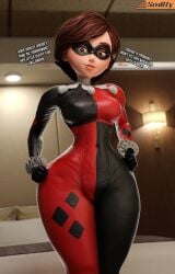 3d batman_(series) bodysuit breasts crossover elastigirl halloween harley_quinn_(cosplay) helen_parr mature_female milf mother skin_tight smitty34 the_incredibles thick_thighs wide_hips