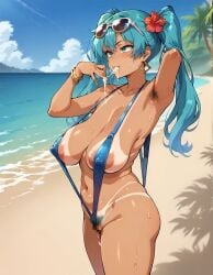 ai_generated areolae_visible_through_bikini arms_up athletic_female bare_legs beach big_breasts blue_eyes blue_hair brazilian_miku cum cum_in_mouth earrings erect_nipples flower_in_hair hairy_armpits hairy_pussy hatsune_miku huge_areolae huge_breasts huge_thighs long_hair looking_at_viewer maaru massive_breasts puffy_nipples sagging_breasts sling_bikini slingshot_swimsuit smiling solo_female squatting sunglasses sunglasses_on_head sweat sweatdrop tan-skinned_female tan_body tanned_female tanned_skin thick_thighs thighs twintails very_long_hair vocaloid voluptuous voluptuous_female