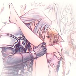 1boy 1girls aerith_gainsborough bigger_male clothed_sex female final_fantasy final_fantasy_vii final_fantasy_vii_remake green_eyes implied_sex kay-i leg_grab legs_up long_hair male male/female sephiroth sex straight villain