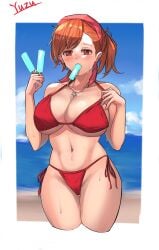 1girls bikini devil_survivor female female_only ginger ginger_hair ice_cream light-skinned_female megami_ibunroku_devil_survivor megami_tensei melting_popsicle popsicle red_eyes shin_megami_tensei solo solo_female solo_focus yuzu_tanikawa