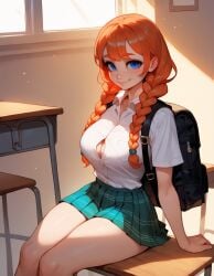 1girls ai_generated big_ass big_breasts blue_eyes braid braided_hair curvy curvy_figure cute cute_face freckles light-skinned_female light_skin melony_(xandr) plaid plaid_skirt red_hair school_uniform schoolgirl shirt skirt thick thick_ass thick_legs thick_thighs twin_braids xandr young younger_female