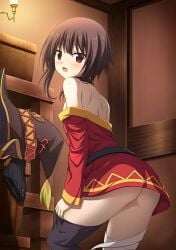 ass asymmetrical_legwear back_view bandaged_leg bandages bare_shoulders belt bent_over blush breasts brown_hair butt_crack changing_room choker embarrassed hand_on_own_thigh indoors knee_up kono_subarashii_sekai_ni_shukufuku_wo! long_hair megumin no_bra no_panties off_shoulder official_art one_thighhigh open_mouth red_dress red_eyes removing_legwear short_hair sideboob skirt small_breasts thighs undressing unworn_hat witch_hat