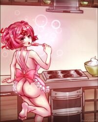 1girls apron apron_only ass baking big_ass bowl doki_doki_literature_club exposed_ass fat_ass female female_only frosting gnarlybramble hairclip huge_ass kitchen looking_at_viewer naked naked_apron naked_female natsuki_(doki_doki_literature_club) nude nude_female nudist open_mouth oven pink_apron pink_eyes pink_hair solo