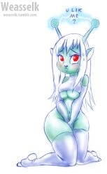 alien alien_girl blush breasts bue cartoon_network clothed emoji_alien_(samurai_jack) female female_focus female_only samurai_jack thick_thighs thin_waist underboob weasselk