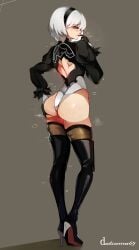 1girls ass big_ass big_butt black_clothing black_hairband black_legwear blue_eyes butt datsuma69 eyebrows_visible_through_hair feathers female gloves grabbing_own_ass hair hairband heels high_heel_boots light-skinned_female light_skin looking_away mole mole_under_mouth nier:_automata panties short_hair tagme thick_thighs white_hair yorha_2b