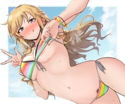 1girls :q areola_slip bead_bracelet bead_necklace beads bikini bikini_lift blonde_female blonde_hair blue_eyes blush bracelet breasts cleavage clothes_lift female female_only female_pubic_hair idolmaster idolmaster_cinderella_girls jewelry large_breasts long_hair looking_at_viewer navel necklace ootsuki_yui outdoors pubic_hair pubic_hair_peek rainbow_bikini shirota_mizuki side-tie_bikini sky smile solo solo_female string_bikini striped striped_bikini sunlight sweat swimsuit tongue tongue_out v wavy_hair wet