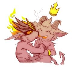 anthro anthro_on_anthro bracelet chest_tuft closed_eyes colored crown curved_horn demon devil_teemo digital_media_(artwork) duo fire flaming_hair frottage fur fur_markings genitals hand_holding head_tuft headpiece horn imp infernal_kennen jewelry kennen kissing league_of_legends male male/male male_anthro markings mousesix open_mouth orange_eyes penis penis_size_difference pseudo_hair riot_games sex short short_anthro short_male simple_background smoke spade_tail teemo teeth_showing tongue tongue_out touching_hand touching_penis tuft video_games white_background yordle