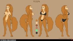 anthro ass athletic athletic_female big_breasts bikini breasts clothing female genitals harkrun looking_at_viewer looking_back model_sheet muscular nipples nude pose pussy smile solo swimwear vulpa_(marian0)