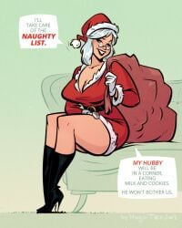 1girls artist_name big_breasts boots breasts busty cartoon christmas comic dialogue english_text eyebrows eyelashes eyes female female_only gilf glasses high_heel_boots hips huge_breasts hugotendaz joke knee_boots large_breasts legs light-skinned_female light_skin lips merry_christmas milf mrs._claus pinup pun sex_joke solo speech_bubble text thick thick_legs thick_thighs thighs white_hair wide_hips