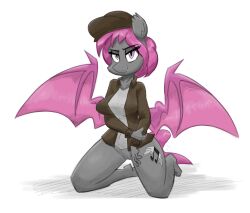 2020 anthro bat_pony bat_wings bottomless clothed clothing cutie_mark digital_media_(artwork) equid fan_character fangs feet female flutterthrash friendship_is_magic genitals grey_body hair half-closed_eyes hasbro hat headgear headwear hi_res kneeling mammal membrane_(anatomy) membranous_wings my_little_pony narrowed_eyes pink_eyes pink_hair pink_wings pussy simple_background smile topwear white_background wings