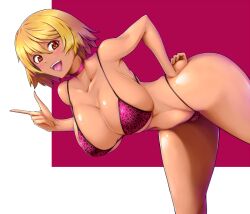 blonde_hair brown_eyes choker cleavage dark-skinned_female dark_skin ganguro gyaru large_breasts leopard_print leopard_print_bikini original plump pointing shimesaba7572 tanned v