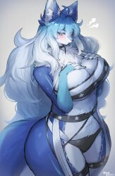 1girls animal_ear animal_ear_fluff animal_ears animal_humanoid anthro anthro_only big_breasts bikini_bottom blue_eyes blue_fur blush blushing breasts canine child_bearing_hips choker claws claws_out cleavage clothing collar ear_fluff female female_only fur furry furry_belly furry_breasts furry_female furry_only furry_tail garter hands_on_breasts hips huge_breasts large_breasts light_blue_eyes light_blue_fur long_fur looking_at_viewer panties paws paws_on_breasts revealing revealing_clothes sharp_claws shoulders shy snow_wolf solo suurin_(ksyaro) tail thick thick_thighs thighs_bigger_than_head very_long_hair wide_hips wolf wolf_ears wolf_girl wolf_humanoid wolf_tail