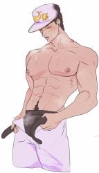 1boy boxers boxers_(clothing) closed_eyes diamond_is_unbreakable dilf joestar_birthmark jojo's_bizarre_adventure jotaro_kujo male male_nipples male_only muscular_male shirtless shirtless_male solo unbuckled_belt unbuttoned_pants undressing vintaro