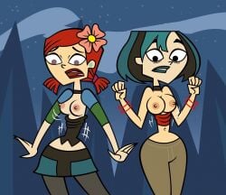 2girls accurate_art_style breasts breasts_out cartoon_network clothed clothes_swap embarrassed exposed exposed_breasts female female_only fresh_tv gwen_(tdi) head_swap ilpanza light-skinned_female looking_down nipples teletoon total_drama:_revenge_of_the_island total_drama_island wardrobe_malfunction zoey_(tdi)