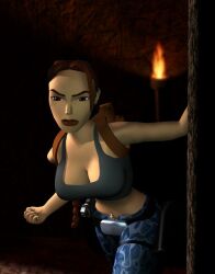 1girls 3d 90s braid breasts brown_hair brown_lips cleavage clothed core_design female lara_croft lara_croft_(classic) large_breasts navel_piercing official_art solo tomb_raider