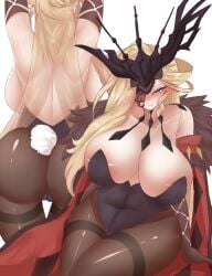 1girls areola_slip backboob bangs big_ass big_breasts black_mask blonde_hair blue_eyes blush bunny_costume bunny_tail female_only genshin_impact huge_ass huge_breasts looking_at_viewer one_eye_covered pantyhose playboy_bunny seductive seductive_look seductive_smile shoulder_blades signora_(genshin_impact) solo stukov thick_thighs thighs white_background wide_hips