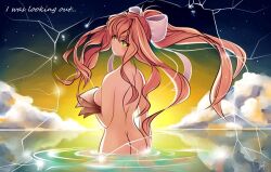 1girls ass back bow breasts broken_glass brown_hair butt clouds cracks doki_doki_literature_club female glass green_eyes hair hair_bow hair_ribbon holding_object holding_paper in_water long_hair looking_at_viewer looking_back looking_over_shoulder monika_(doki_doki_literature_club) naked nude paper poem poems sky solo solo_female sunset text water white_bow white_text