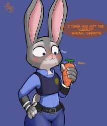 1girls :3 anthro blue_background blush carrot clothing dialogue disney embarrassed female female_only food hand_on_hip hi_res holding_object holding_sex_toy judy_hopps lagomorph leporid mammal offscreen_character plant police_uniform rabbit sex_toy simple_background solo solo_female speech_bubble uniform vegetable vibrator zootopia zorroenojado