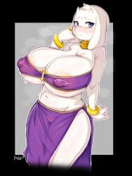 1girls 2d big_breasts blue_eyes blush blushi_0 blushing bracelet female female_only fur furry goat hand_on_head harem_outfit heart-shaped_pupils milf nipples nipples_visible_through_clothing ring solo solo_female thick_thighs toriel undertale undertale_(series) white_fur