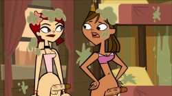 2futas brown_hair courtney_(tdi) dark-skinned_futanari dark_skin duckymomoisme erection futa_only futanari light-skinned_futanari light_skin looking_at_another mostly_clothed no_pants pajamas penis red_hair screencap screenshot screenshot_edit total_drama:_revenge_of_the_island total_drama_island zoey_(tdi)