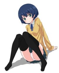 191karasu absurdres ano_natsu_de_matteru arm_support bad_id bad_pixiv_id black_thighhighs blue_eyes blue_hair female highres long_legs panties pantyshot pleated_skirt polka_dot polka_dot_panties ribbon school_uniform short_hair sitting skirt smile solo sweater tanigawa_kanna thighhighs underwear