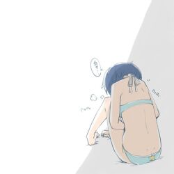 ano_natsu_de_matteru ass_cleavage bad_id bad_pixiv_id bikini blue_hair breath butt_crack dimples_of_venus female female_masturbation lowres masturbation nucomas photoshop_(medium) short_hair sitting solo swimsuit tanigawa_kanna toe_scrunch translated