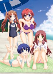 4girls ano_natsu_de_matteru barefoot beach beach_towel beach_umbrella bikini blue_eyes blue_hair breasts brown_eyes brown_hair cleavage commentary_request feet glasses hood hoodie kitahara_mio long_hair lying multiple_girls old_school_swimsuit on_stomach one-piece_swimsuit photoshop_(medium) purple_eyes red_hair school_swimsuit short_hair side-tie_bikini sitting small_breasts standing suzumiya_kazuki swimsuit takatsuki_ichika tanigawa_kanna towel umbrella yamano_remon yellow_eyes