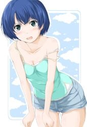 ano_natsu_de_matteru blue_eyes blue_hair blush bob_cut breasts camisole cleavage cloud commentary_request eviryun female grey_shorts highres leaning_forward open_mouth short_hair shorts small_breasts solo strap_slip tanigawa_kanna