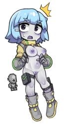 alien bangs blue_hair blunt_bangs boots breasts colored_skin creature_and_personification female full_body gloves gray_grunt grey_footwear grey_gloves grey_skin hair_ornament hairclip knee_boots medium_breasts nipples no_nose nyong_nyong personification pouch short_hair simple_background solo standing terraria thigh_strap white_background