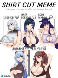 alternate_breast_size armpits arms_up blue_hair boob_window bra breasts brown_eyes brown_hair cat_ears cat_lingerie ganyu_(genshin_impact) genshin_impact green_eyes hu_tao_(genshin_impact) huge_breasts inner_sideboob medium_breasts meme nipples presenting_breasts purple_eyes purple_hair raiden_shogun removing_bra shenhe_(genshin_impact) shirt_cut_meme showing_breasts sideboob underboob white_hair yelan_(genshin_impact) zdetg_