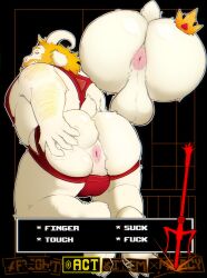 1boy 1male 2d asgore_dreemurr ass balls bara english_text furry gameplay_mechanics gay humanoid inviting looking_at_viewer looking_back male male_only presenting_ass questionable_consent scrublordman solo solo_focus text thick_thighs undertale undertale_(series)