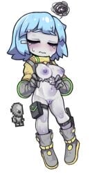 alien bangs blue_hair blunt_bangs boots breasts colored_skin creature_and_personification female full_body gloves gray_grunt grey_footwear grey_gloves grey_skin hair_ornament hairclip knee_boots medium_breasts nipples no_nose nyong_nyong personification pouch short_hair simple_background solo standing terraria thigh_strap white_background