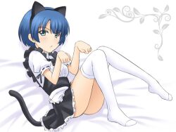 animal_ears ano_natsu_de_matteru apron aqua_eyes ass blue_hair cat_ears cat_tail commentary_request female frills kneehighs long_legs maid masakichi_(crossroad) miniskirt no_shoes paw_pose pose short_hair simple_background sitting skirt socks solo tail tanigawa_kanna upskirt