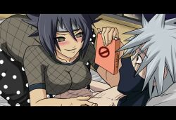 1boy1girl bent_over big_breasts book breasts hatake_kakashi holding_object inviting inviting_to_sex long_hair looking_at_another looking_at_breasts looking_at_partner lying_down lying_on_person male/female mask mitarashi_anko naruto naruto_(classic) naruto_(series) naruto_shippuden naughty naughty_face naughty_smile nervous nervous_sweat ninja_8004 offering offering_to_another purple_hair seducing shirtless shirtless_(male) short_hair silver_hair surprised sweat sweating teasing