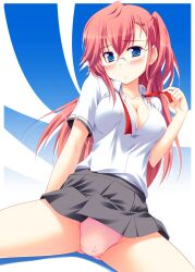 ano_natsu_de_matteru blue_eyes blush breasts cleavage commentary_request female glasses long_hair medium_breasts open_clothes open_shirt panties pantyshot photoshop_(medium) red_hair school_uniform shirt solo spread_legs takatsuki_ichika underwear yuurei_yashiki