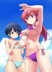 2girls :o ano_natsu_de_matteru aqua_bikini aqua_eyes armpits bikini blue_eyes blue_hair breasts cameltoe glasses kotobuki_hajime large_breasts micro_bikini multiple_girls navel photoshop_(medium) purple_bikini red_hair rinon_(ano_natsu_de_matteru) shiny shiny_skin side-tie_bikini string_bikini swimsuit takatsuki_ichika tanigawa_kanna underboob