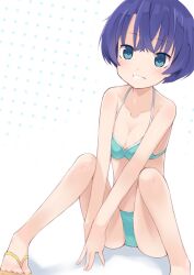 ano_natsu_de_matteru bad_id bad_pixiv_id bikini blue_bikini blue_eyes breasts cleavage collarbone female flip-flops grin kyuri long_legs medium_breasts photoshop_(medium) purple_hair sandals short_hair sitting smile solo swimsuit tanigawa_kanna v_arms