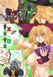 1girls astjiete blonde_hair breasts casual_nudity green_eyes hundred_knight large_breasts metallia nipples nippon_ichi_software reading_book removing_bra sharp_teeth the_witch_and_the_hundred_knight topless topless_female