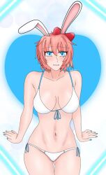 5_fingers belly_button bikini bikini_bottom bikini_top blue_eyes blue_fingernails breasts bunny_ears doki_doki_literature_club female female_only just_sayori sayori_(doki_doki_literature_club) strawberry_blonde_hair string_bikini string_bikini_bottom synnkeh thighs white_bikini white_bikini_bottom white_bikini_top