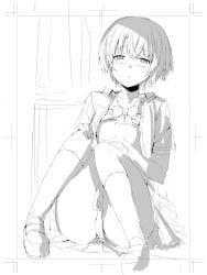 ano_natsu_de_matteru bad_source blush bow bowtie bra bra_lift dress_shirt female fujioka_toki greyscale kneehighs line_art lingerie loafers monochrome open_clothes open_shirt panties pantyshot school_uniform shirt shoes short_hair sketch skirt socks solo tanigawa_kanna underwear