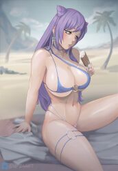 1girls 2022 alternate_breast_size alternate_hairstyle beach bikini blush breasts female female_only food genshin_impact hair_down hips holding_object ice_cream ice_cream_on_breasts keqing_(genshin_impact) large_breasts long_hair np24art outdoors purple_bikini purple_eyes purple_hair slim_waist thick_thighs thighs wide_hips