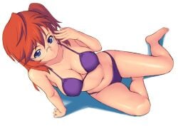 ano_natsu_de_matteru arm_support barefoot bikini blue_eyes breasts cleavage commentary_request female glasses kasanui large_breasts long_hair navel purple_bikini red_hair shiny shiny_skin smile solo swimsuit takatsuki_ichika