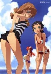 3girls :d absurdres adjusting_clothes adjusting_swimsuit ano_natsu_de_matteru antenna_hair arisawa_chiharu ass back ball bangs beachball bikini black_hair blue_eyes blush body_blush breast_squeeze breasts brown_eyes brown_hair casual_one-piece_swimsuit cleavage cloud day embarrassed flower frilled_bikini frills glasses green_eyes hair_flower hair_ornament half_updo hands_on_own_thighs hibiscus highres holding itou_youko kinoshita_kaori kneepits legs long_hair looking_at_viewer looking_back low-tied_long_hair medium_breasts megami_magazine multiple_girls navel ocean official_art one-piece_swimsuit open_mouth outdoors parted_lips red_hair scan scrunchie side-tie_bikini sideboob sky smile sports_bikini standing string_bikini striped striped_swimsuit surprised swimsuit swimsuit_skirt takatsuki_ichika tan tanaka_masayoshi tanlines twintails water