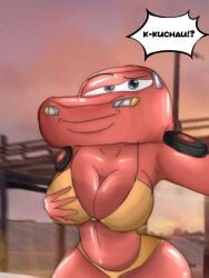 1girls anthro bikini car cars_(film) dialogue female female_only lightning_mcqueen smirking_at_viewer