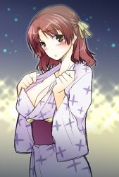 ano_natsu_de_matteru breasts brown_hair cleavage commentary_request female japanese_clothes kimono kitahara_mio large_breasts looking_at_viewer miyashiro_sousuke open_clothes open_kimono short_hair yellow_eyes yukata