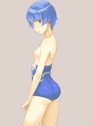 ano_natsu_de_matteru ass blue_eyes blue_hair breasts clothes_pull commentary female ishinoyari one-piece_swimsuit short_hair small_breasts solo swimsuit swimsuit_pull tanigawa_kanna wavy_mouth