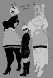 1boy 2girls ass big_ass big_breasts blindfold blonde_female breasts clothing coffeeslice female giantess hairband huge_breasts larger_female light-skinned_female light-skinned_male light_skin macro male mini_giantess nier nier:_automata nier_(series) short_hair size_comparison size_difference sketch smaller_male standing taller_female thick_thighs thighhighs venus_body voluptuous white_hair yorha_2b yorha_9s yorha_commander