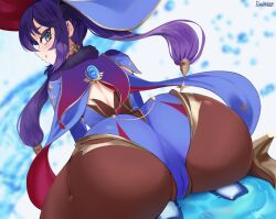 1girls ass ass_focus big_ass big_butt blue_eyes bumbledoge genshin_impact hat leotard long_hair looking_back mona_(genshin_impact) pantyhose purple_hair solo solo_female twintails witch_hat